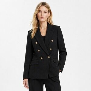 HM Women Black Textured Double Breasted Blazer Gold Crest Buttons XS NEW